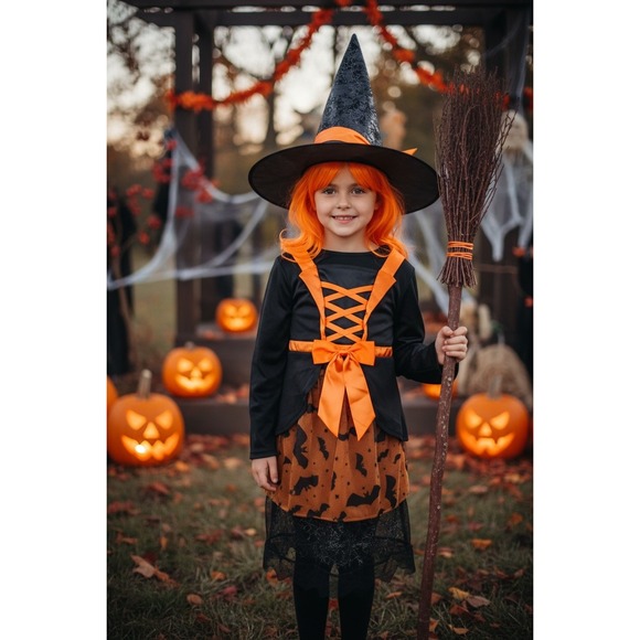 Witch Costume Halloween Dress Up Cosplay Orange Black Bats Girls - Picture 2 of 12